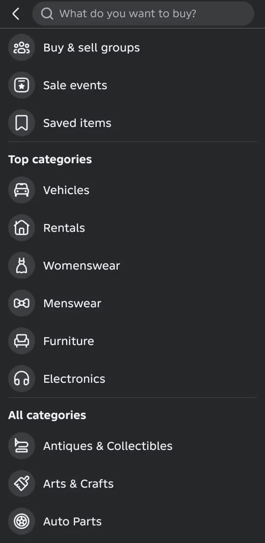 The Marketplace category list on Android, opened from More, with Buy and sell groups, Sale events and Saved items, then Top categories such as Vehicles, Rentals, Womenswear, Menswear, Furniture and Electronics, then All categories.