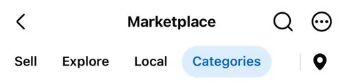 The top of Facebook Marketplace on iPhone: the Marketplace title with Search and three-dot buttons, and tabs for Sell, Explore, Local and Categories, with a location pin at the right end.